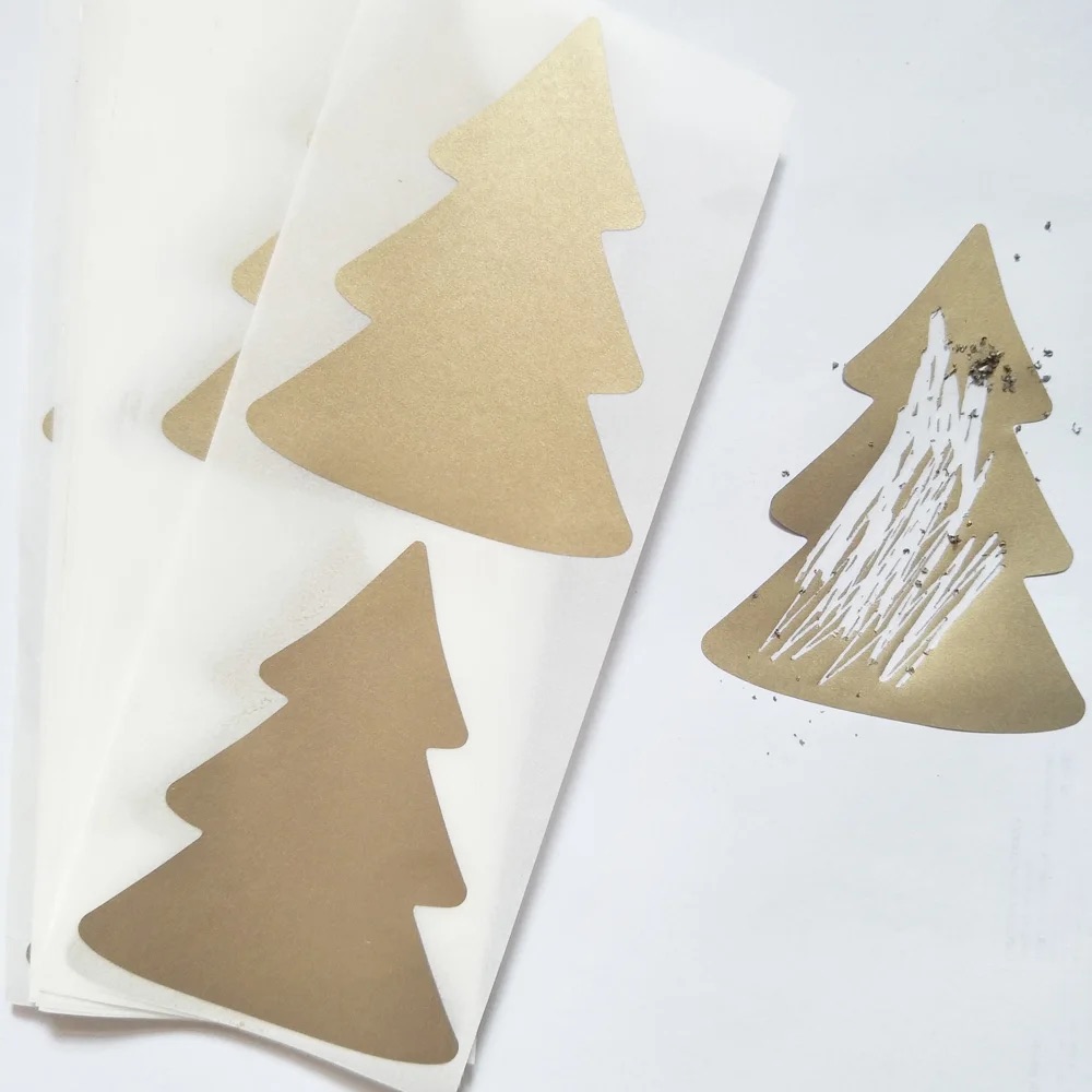 Christmas Tree Shape Scratch off stickers. 52mm x 72mm, Gold. Choose ...